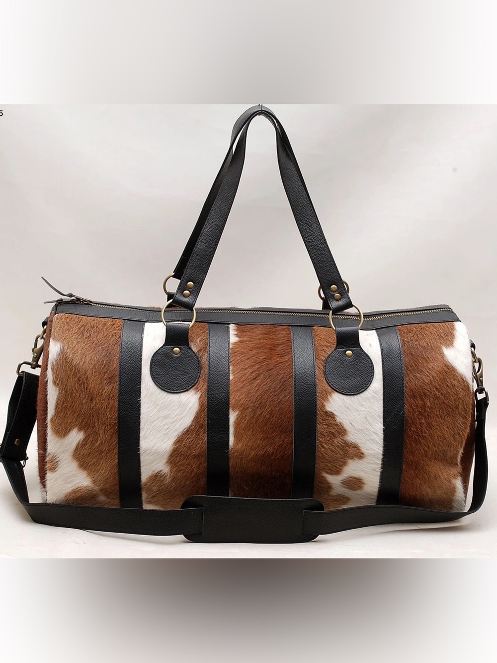 Leather-Trim Cowhide Weekender Bag in Brown & White